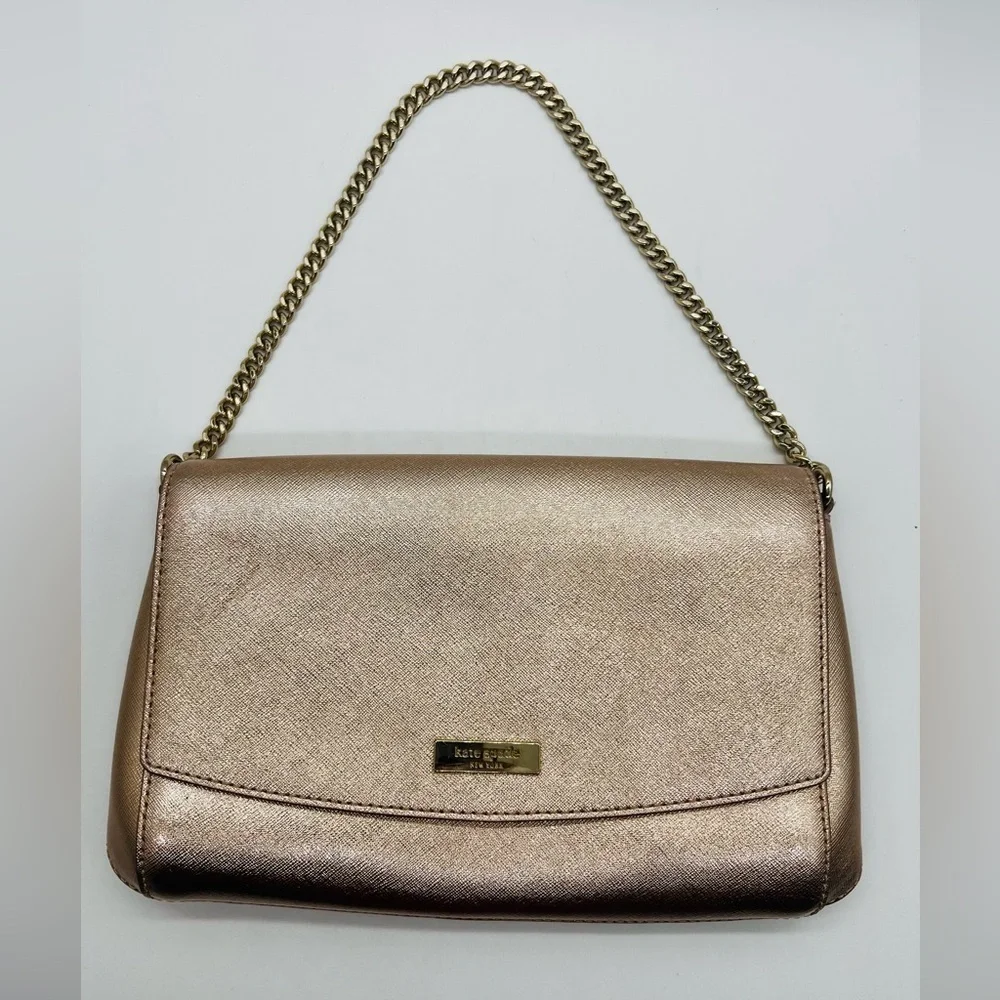 KATE SPADE ROSE GOLD METALLIC LEATHER HANDBAG WITH GOLD CHAIN STRAP